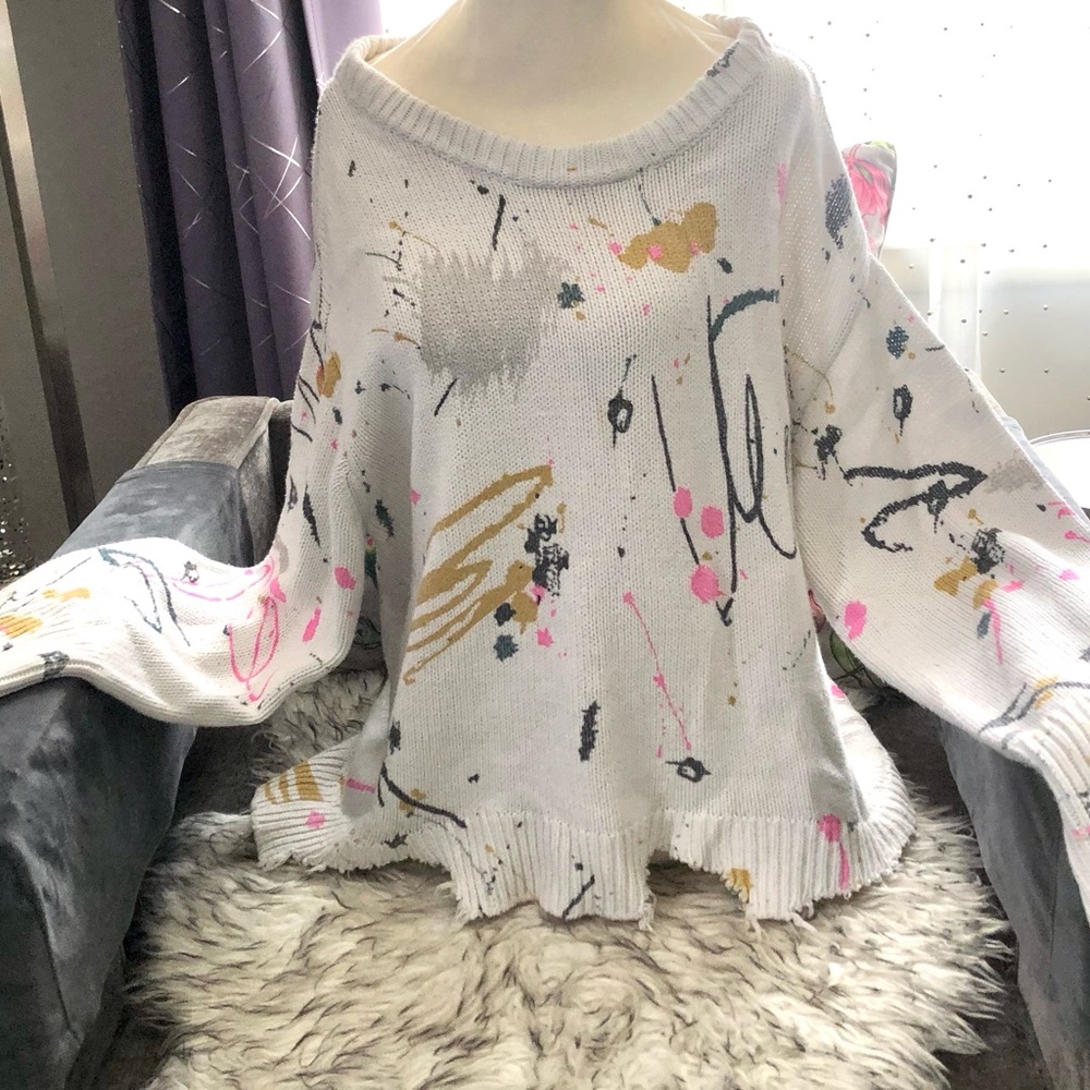 Zara Paint Splatter Distressed Sweater Metallic Silver, Black, Yellow, Pink Sz L